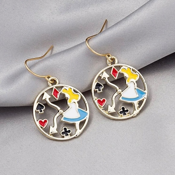 Jewelry - Round Alice in Wonderland Inspired Dangle -Literary Fantasy - Clock Earrings